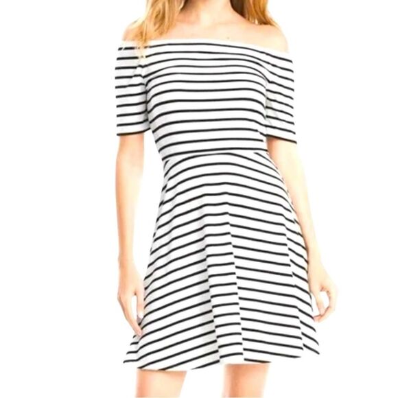 White House Black Market Navy White Striped Off Shoulder Dress Size Medium - Picture 1 of 9
